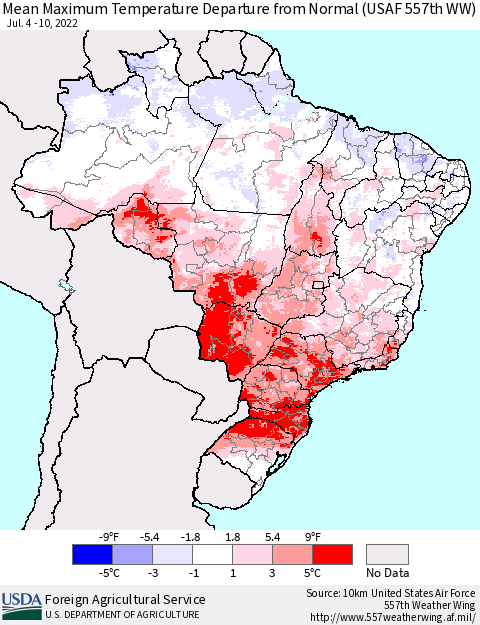 Brazil Mean Maximum Temperature Departure from Normal (USAF 557th WW) Thematic Map For 7/4/2022 - 7/10/2022