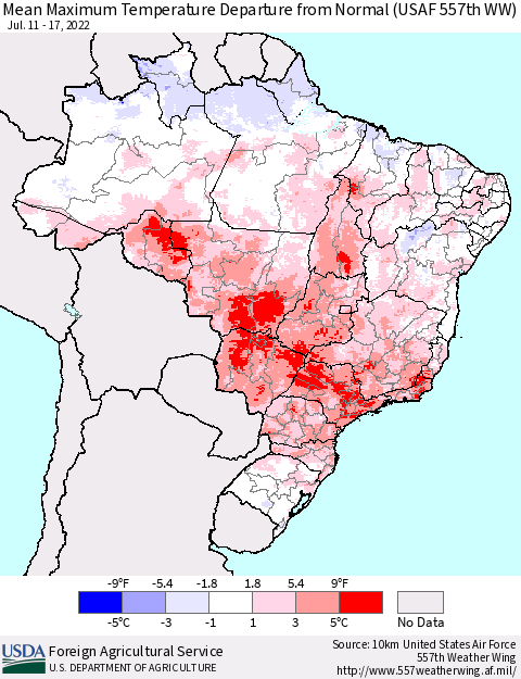 Brazil Mean Maximum Temperature Departure from Normal (USAF 557th WW) Thematic Map For 7/11/2022 - 7/17/2022