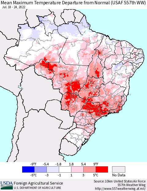 Brazil Mean Maximum Temperature Departure from Normal (USAF 557th WW) Thematic Map For 7/18/2022 - 7/24/2022