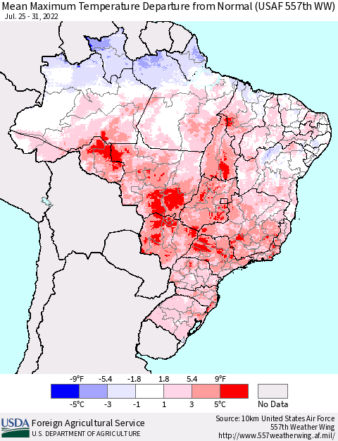 Brazil Mean Maximum Temperature Departure from Normal (USAF 557th WW) Thematic Map For 7/25/2022 - 7/31/2022