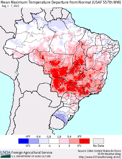 Brazil Mean Maximum Temperature Departure from Normal (USAF 557th WW) Thematic Map For 8/1/2022 - 8/7/2022
