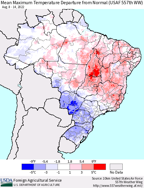 Brazil Mean Maximum Temperature Departure from Normal (USAF 557th WW) Thematic Map For 8/8/2022 - 8/14/2022