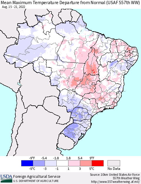 Brazil Mean Maximum Temperature Departure from Normal (USAF 557th WW) Thematic Map For 8/15/2022 - 8/21/2022