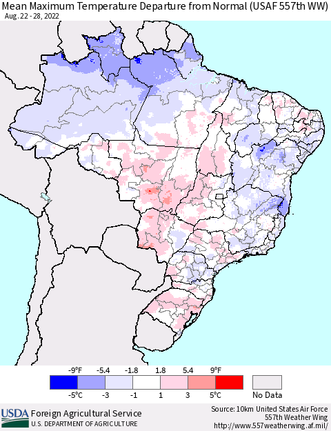 Brazil Mean Maximum Temperature Departure from Normal (USAF 557th WW) Thematic Map For 8/22/2022 - 8/28/2022