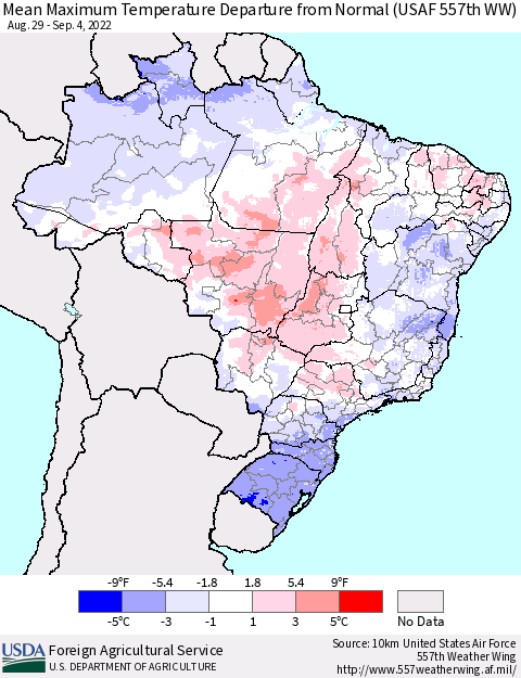 Brazil Mean Maximum Temperature Departure from Normal (USAF 557th WW) Thematic Map For 8/29/2022 - 9/4/2022