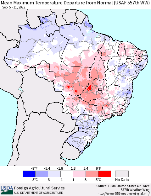 Brazil Mean Maximum Temperature Departure from Normal (USAF 557th WW) Thematic Map For 9/5/2022 - 9/11/2022