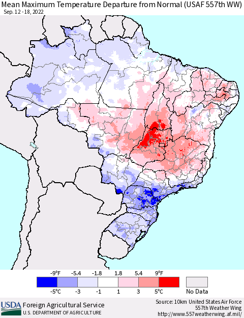 Brazil Mean Maximum Temperature Departure from Normal (USAF 557th WW) Thematic Map For 9/12/2022 - 9/18/2022