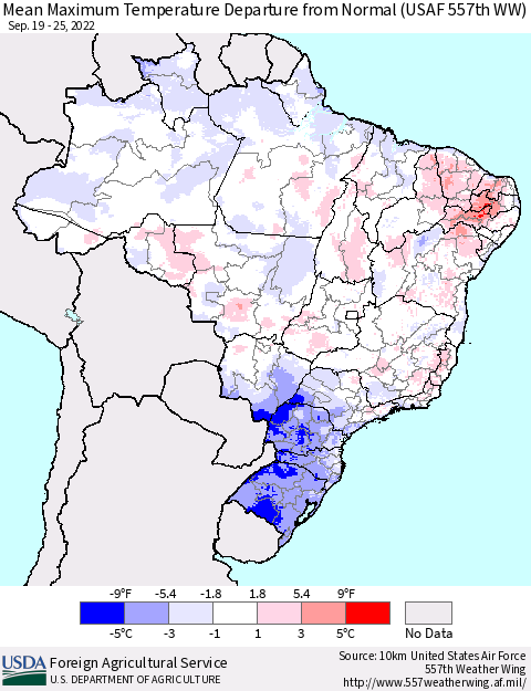 Brazil Mean Maximum Temperature Departure from Normal (USAF 557th WW) Thematic Map For 9/19/2022 - 9/25/2022