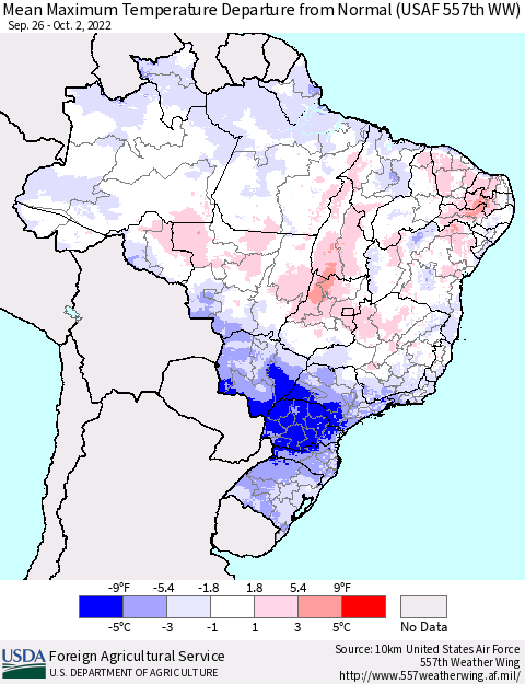 Brazil Mean Maximum Temperature Departure from Normal (USAF 557th WW) Thematic Map For 9/26/2022 - 10/2/2022