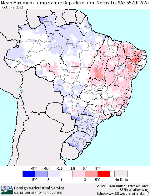Brazil Mean Maximum Temperature Departure from Normal (USAF 557th WW) Thematic Map For 10/3/2022 - 10/9/2022