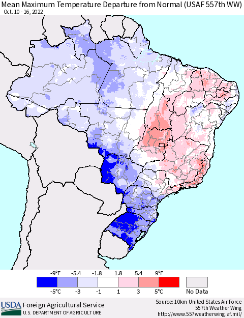 Brazil Mean Maximum Temperature Departure from Normal (USAF 557th WW) Thematic Map For 10/10/2022 - 10/16/2022