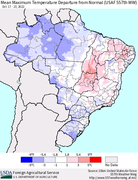Brazil Mean Maximum Temperature Departure from Normal (USAF 557th WW) Thematic Map For 10/17/2022 - 10/23/2022