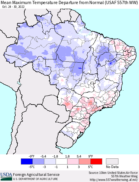 Brazil Mean Maximum Temperature Departure from Normal (USAF 557th WW) Thematic Map For 10/24/2022 - 10/30/2022