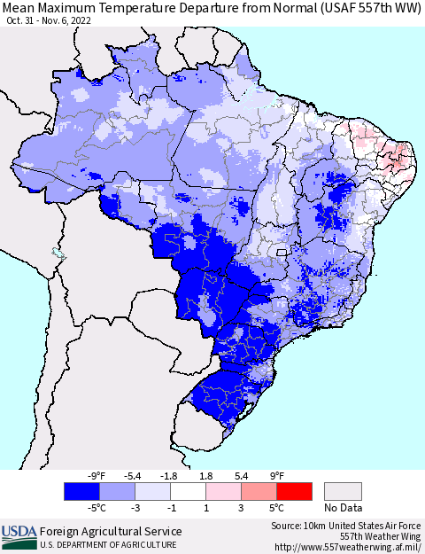 Brazil Mean Maximum Temperature Departure from Normal (USAF 557th WW) Thematic Map For 10/31/2022 - 11/6/2022
