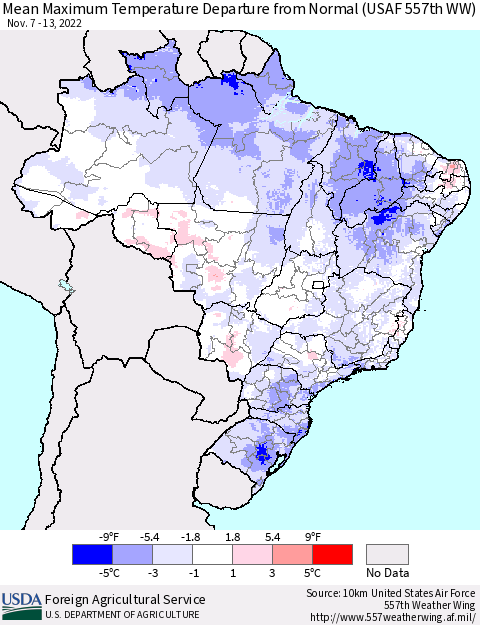 Brazil Mean Maximum Temperature Departure from Normal (USAF 557th WW) Thematic Map For 11/7/2022 - 11/13/2022