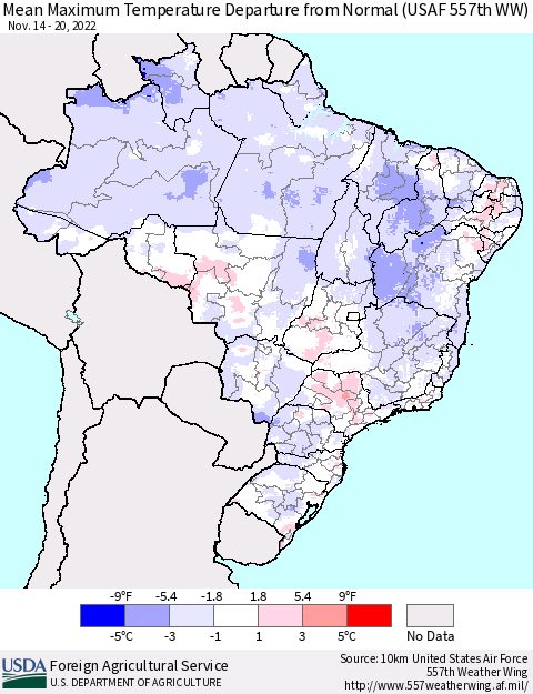 Brazil Mean Maximum Temperature Departure from Normal (USAF 557th WW) Thematic Map For 11/14/2022 - 11/20/2022