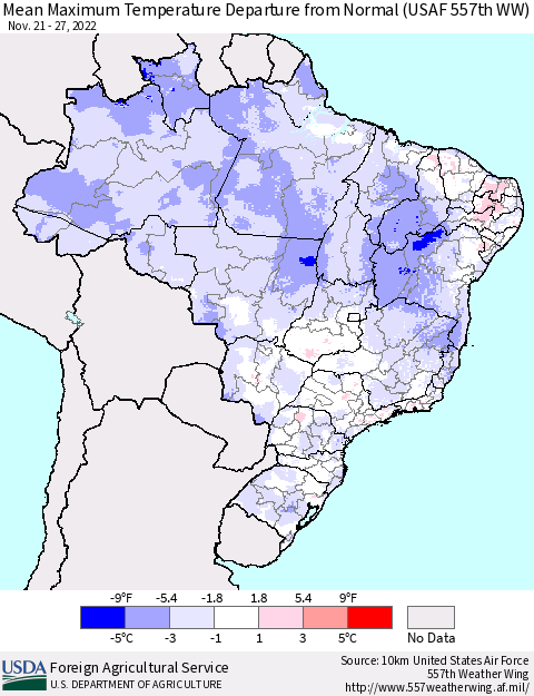 Brazil Mean Maximum Temperature Departure from Normal (USAF 557th WW) Thematic Map For 11/21/2022 - 11/27/2022