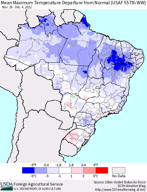 Brazil Mean Maximum Temperature Departure from Normal (USAF 557th WW) Thematic Map For 11/28/2022 - 12/4/2022