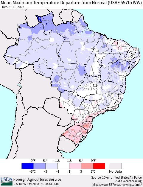 Brazil Mean Maximum Temperature Departure from Normal (USAF 557th WW) Thematic Map For 12/5/2022 - 12/11/2022