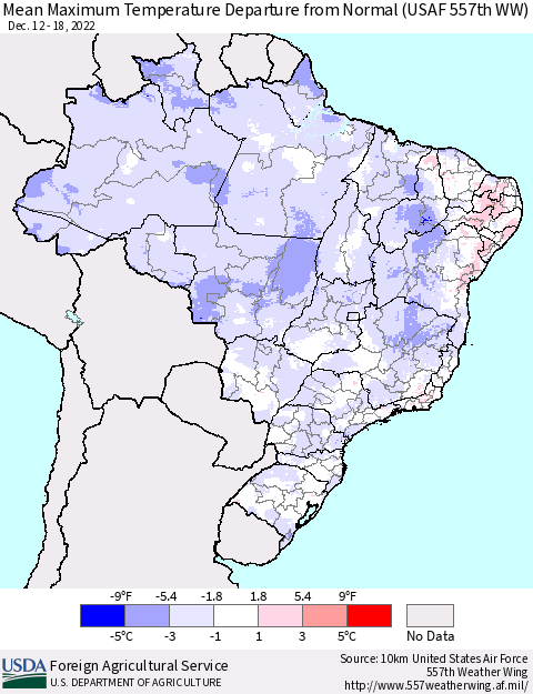 Brazil Mean Maximum Temperature Departure from Normal (USAF 557th WW) Thematic Map For 12/12/2022 - 12/18/2022