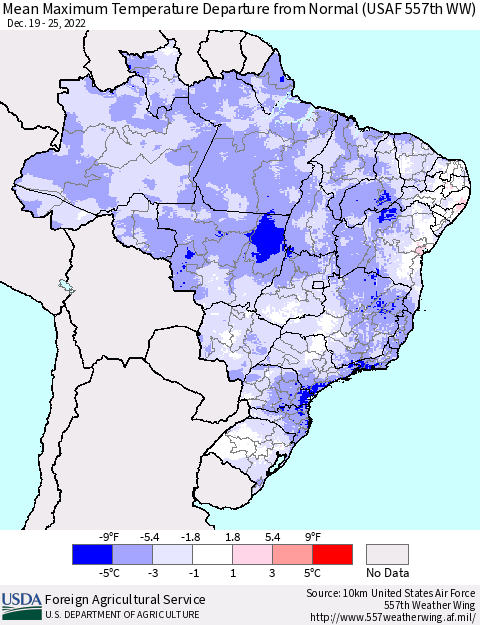 Brazil Mean Maximum Temperature Departure from Normal (USAF 557th WW) Thematic Map For 12/19/2022 - 12/25/2022