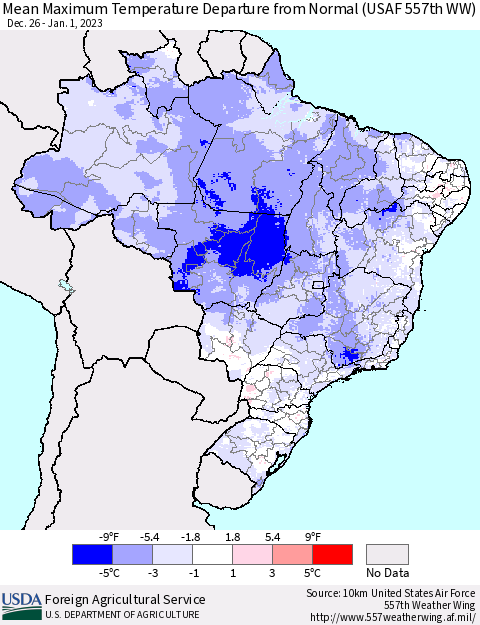 Brazil Mean Maximum Temperature Departure from Normal (USAF 557th WW) Thematic Map For 12/26/2022 - 1/1/2023