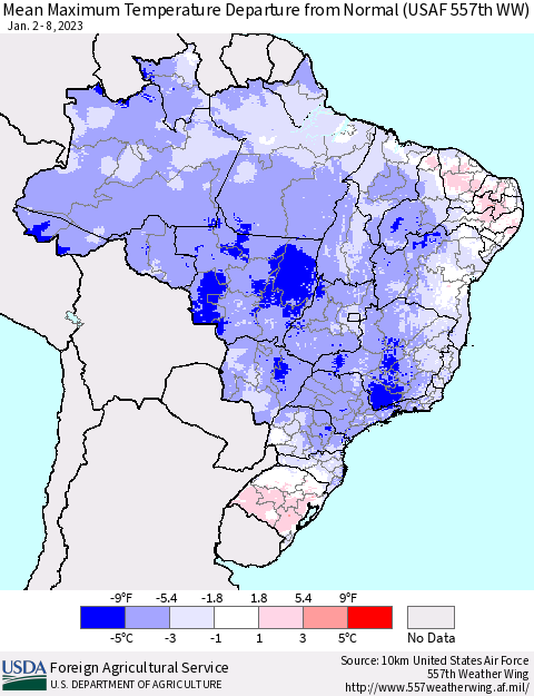 Brazil Mean Maximum Temperature Departure from Normal (USAF 557th WW) Thematic Map For 1/2/2023 - 1/8/2023