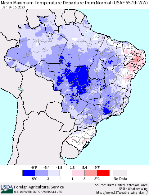 Brazil Mean Maximum Temperature Departure from Normal (USAF 557th WW) Thematic Map For 1/9/2023 - 1/15/2023