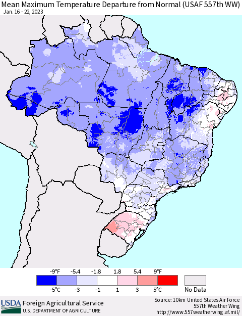 Brazil Mean Maximum Temperature Departure from Normal (USAF 557th WW) Thematic Map For 1/16/2023 - 1/22/2023