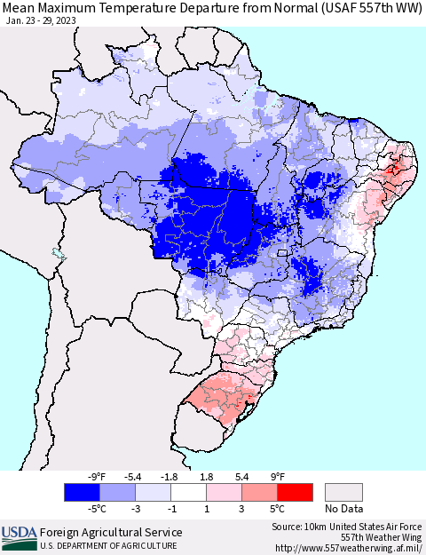 Brazil Mean Maximum Temperature Departure from Normal (USAF 557th WW) Thematic Map For 1/23/2023 - 1/29/2023