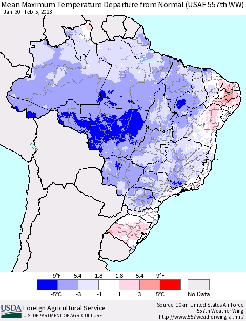 Brazil Mean Maximum Temperature Departure from Normal (USAF 557th WW) Thematic Map For 1/30/2023 - 2/5/2023