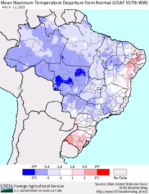 Brazil Mean Maximum Temperature Departure from Normal (USAF 557th WW) Thematic Map For 2/6/2023 - 2/12/2023