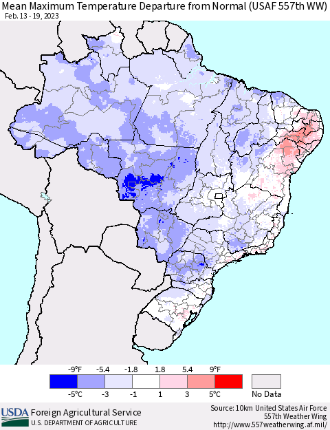 Brazil Mean Maximum Temperature Departure from Normal (USAF 557th WW) Thematic Map For 2/13/2023 - 2/19/2023