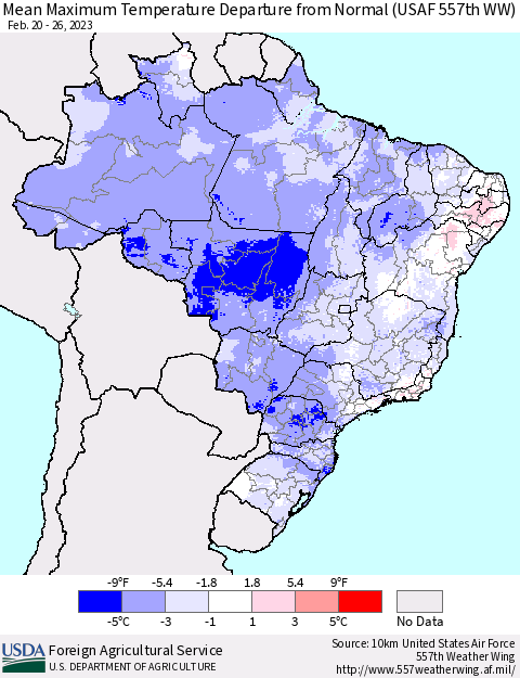 Brazil Mean Maximum Temperature Departure from Normal (USAF 557th WW) Thematic Map For 2/20/2023 - 2/26/2023