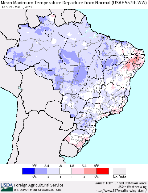 Brazil Mean Maximum Temperature Departure from Normal (USAF 557th WW) Thematic Map For 2/27/2023 - 3/5/2023