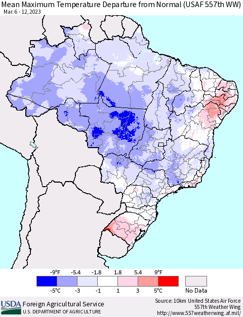 Brazil Mean Maximum Temperature Departure from Normal (USAF 557th WW) Thematic Map For 3/6/2023 - 3/12/2023