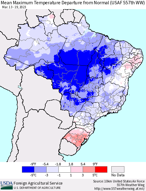 Brazil Mean Maximum Temperature Departure from Normal (USAF 557th WW) Thematic Map For 3/13/2023 - 3/19/2023