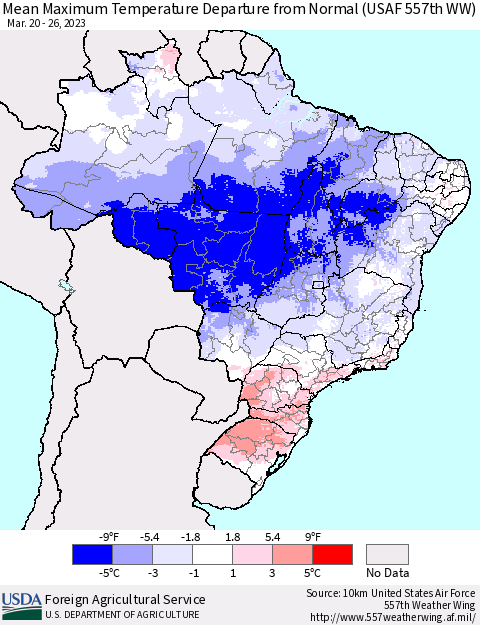 Brazil Mean Maximum Temperature Departure from Normal (USAF 557th WW) Thematic Map For 3/20/2023 - 3/26/2023