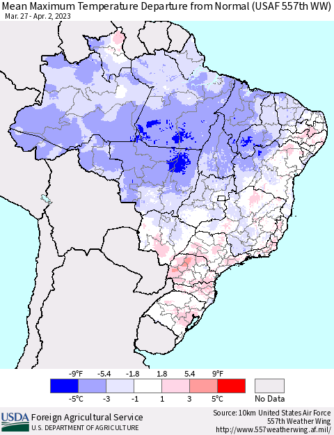 Brazil Mean Maximum Temperature Departure from Normal (USAF 557th WW) Thematic Map For 3/27/2023 - 4/2/2023
