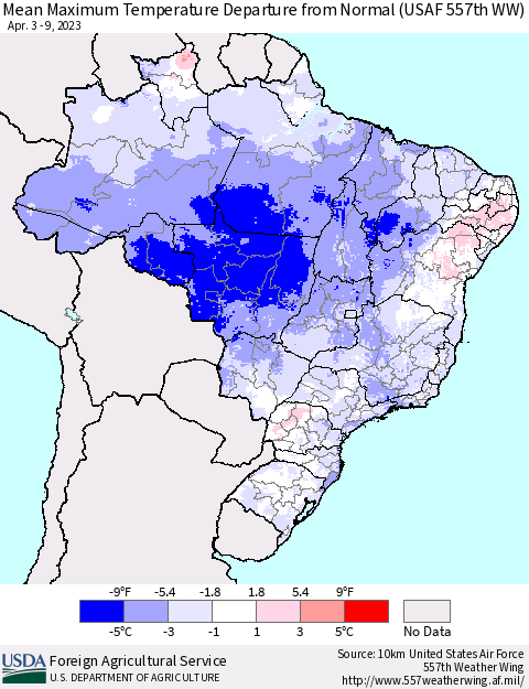 Brazil Mean Maximum Temperature Departure from Normal (USAF 557th WW) Thematic Map For 4/3/2023 - 4/9/2023