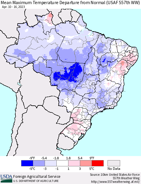 Brazil Mean Maximum Temperature Departure from Normal (USAF 557th WW) Thematic Map For 4/10/2023 - 4/16/2023