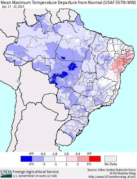 Brazil Mean Maximum Temperature Departure from Normal (USAF 557th WW) Thematic Map For 4/17/2023 - 4/23/2023