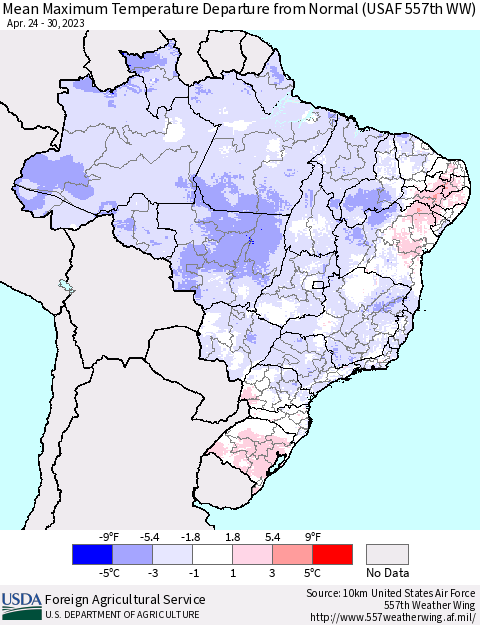 Brazil Mean Maximum Temperature Departure from Normal (USAF 557th WW) Thematic Map For 4/24/2023 - 4/30/2023