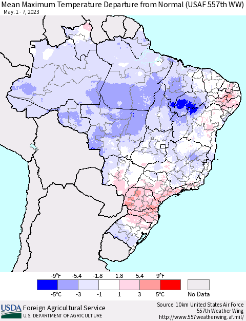 Brazil Mean Maximum Temperature Departure from Normal (USAF 557th WW) Thematic Map For 5/1/2023 - 5/7/2023