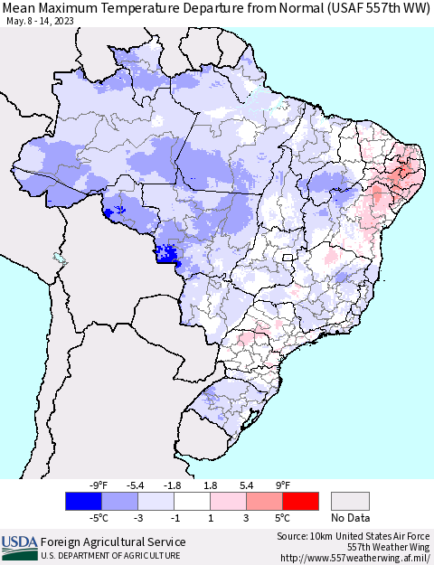 Brazil Mean Maximum Temperature Departure from Normal (USAF 557th WW) Thematic Map For 5/8/2023 - 5/14/2023