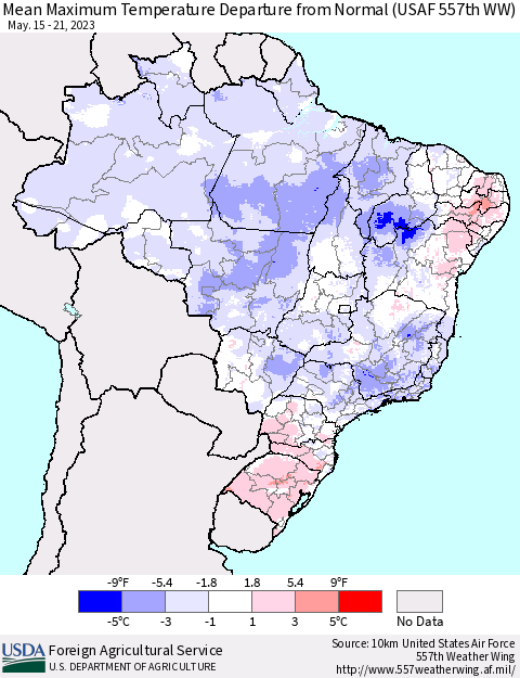 Brazil Mean Maximum Temperature Departure from Normal (USAF 557th WW) Thematic Map For 5/15/2023 - 5/21/2023