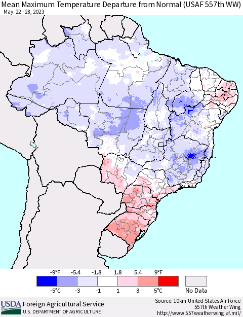 Brazil Mean Maximum Temperature Departure from Normal (USAF 557th WW) Thematic Map For 5/22/2023 - 5/28/2023