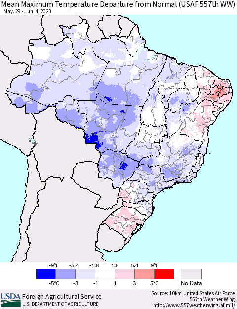 Brazil Mean Maximum Temperature Departure from Normal (USAF 557th WW) Thematic Map For 5/29/2023 - 6/4/2023