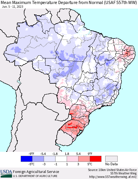 Brazil Mean Maximum Temperature Departure from Normal (USAF 557th WW) Thematic Map For 6/5/2023 - 6/11/2023