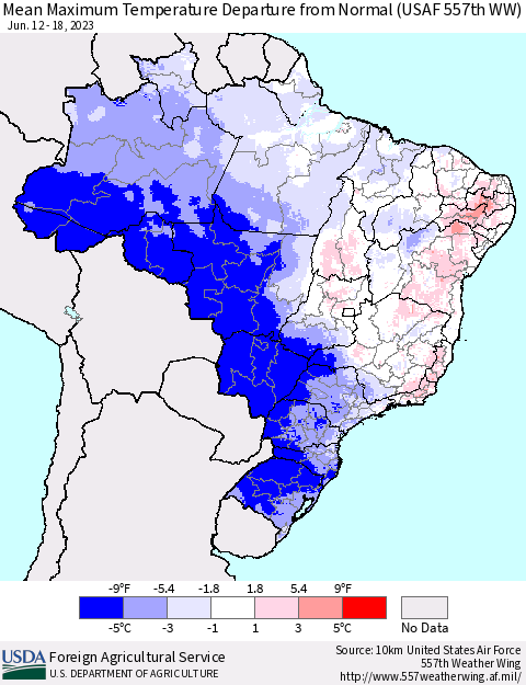 Brazil Mean Maximum Temperature Departure from Normal (USAF 557th WW) Thematic Map For 6/12/2023 - 6/18/2023